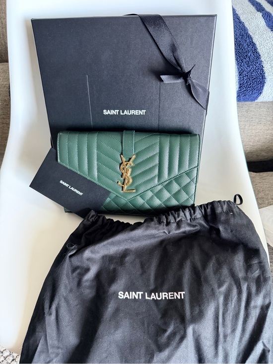 Saint Laurent Handbags - Saint Laurent Green Quilted Chevron Leather Wallet with Gold YSL Logo